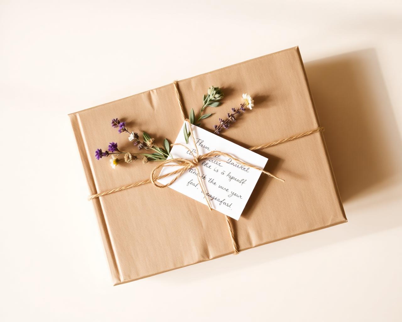 Liebevoll verpacktes Buch mit getrockneten Blumen